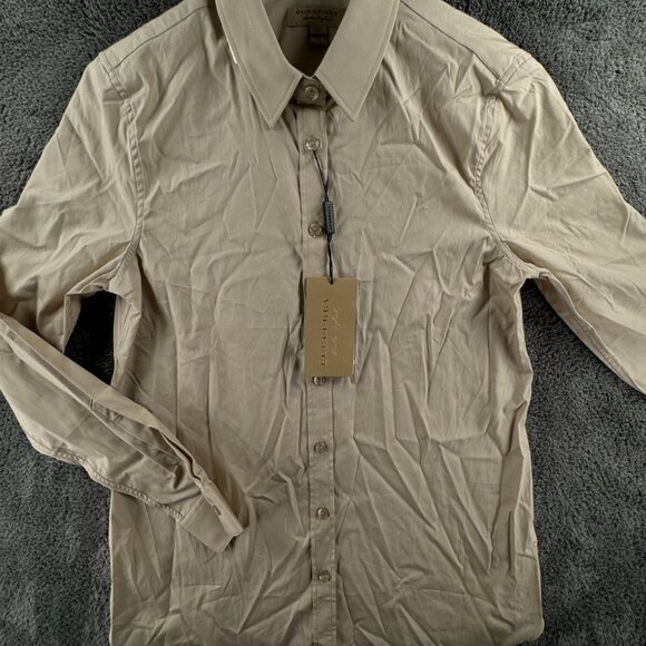 NWT Burberry London Women US 6 (40) Button Up Shirt Beige Cotton Stretch Ladies - Picture 2 of 16